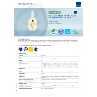 Rankų kremas be dažiklių ir kvapiųjų medžiagų Abena, 500ml Rankų kremas be dažiklių ir kvapiųjų medžiagų Abena, 500ml