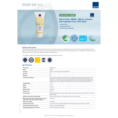 Rankų kremas be kvapiklių Abena, 100ml Rankų kremas be kvapiklių Abena, 100ml